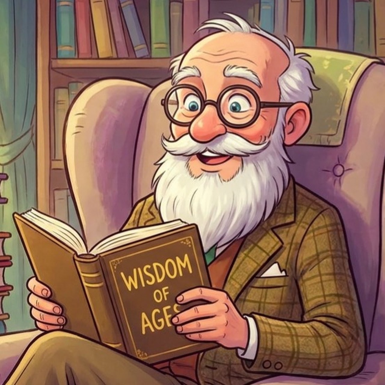 Oddly Factual — an old man reading a book titled Wisdom of Ages